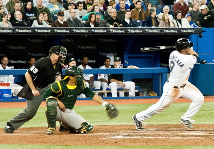      J.P. Arencibia rips a shot to leftfield, but he ends up getting thrown out at second as he tries for a double on Wednesday. (We shot it)
